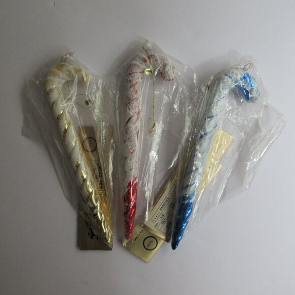 3  Blow Mold 8" Candy Cane Ornaments Red, Blue, Gold Glitter Golden Sleigh NIP - Picture 9 of 13